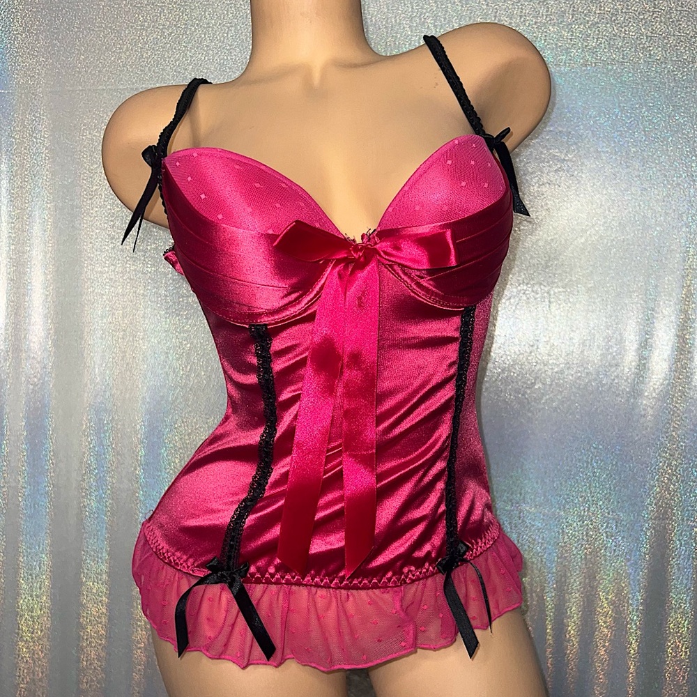 icollection corset top pink black shiny satin bows lace up sexy lingerie costume
